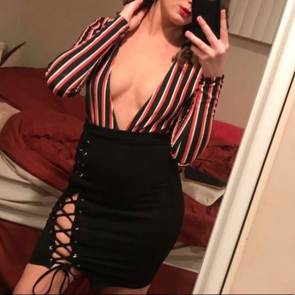 Red and black boohoo bodysuit